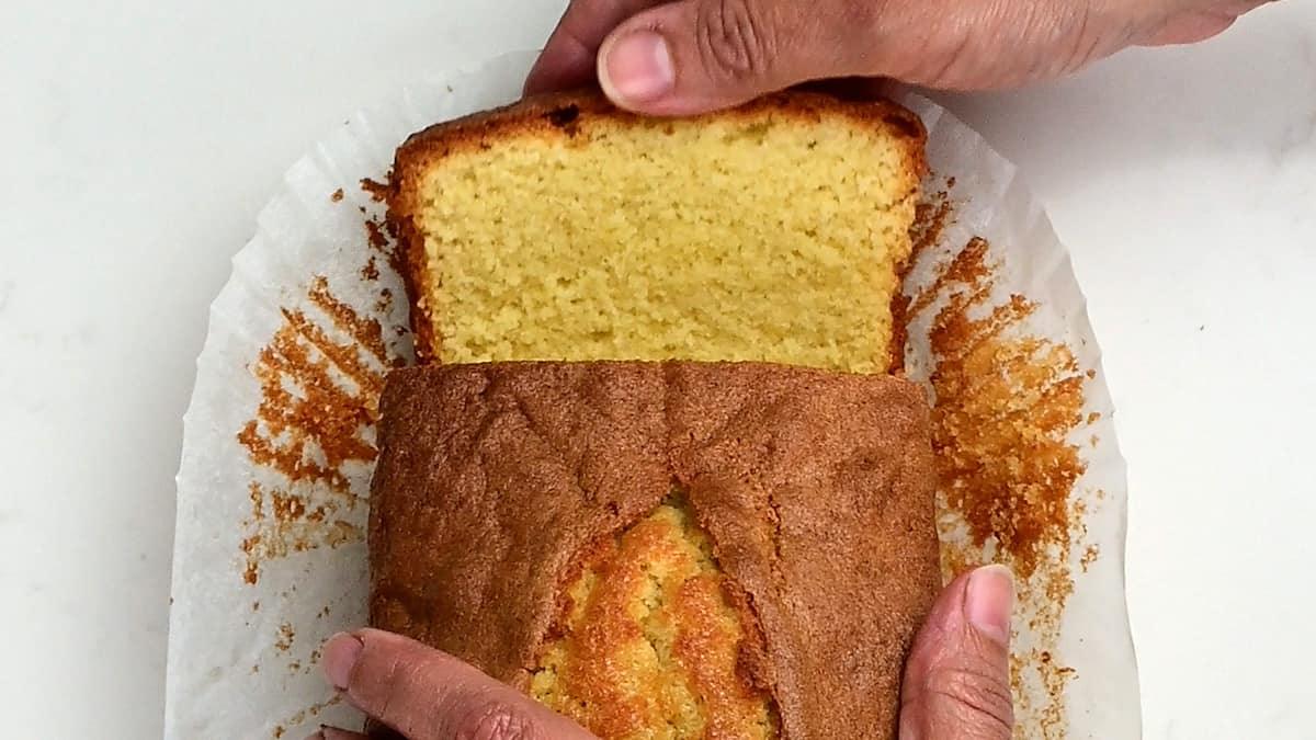 overhead view of sliced plain cake