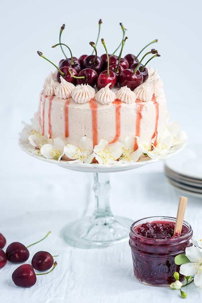 Vanilla Layer Cake with Cherry Berry Jam and Vanilla Bean Buttercream