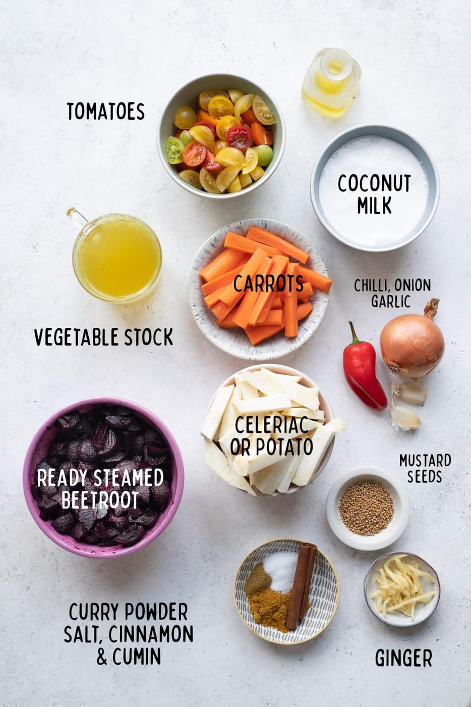 Ingredients for vegan beetroot curry collage