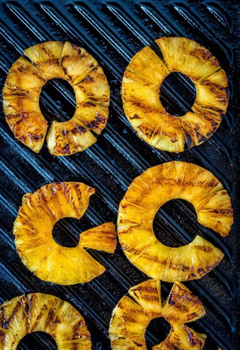 close up on grilled pineapple rings