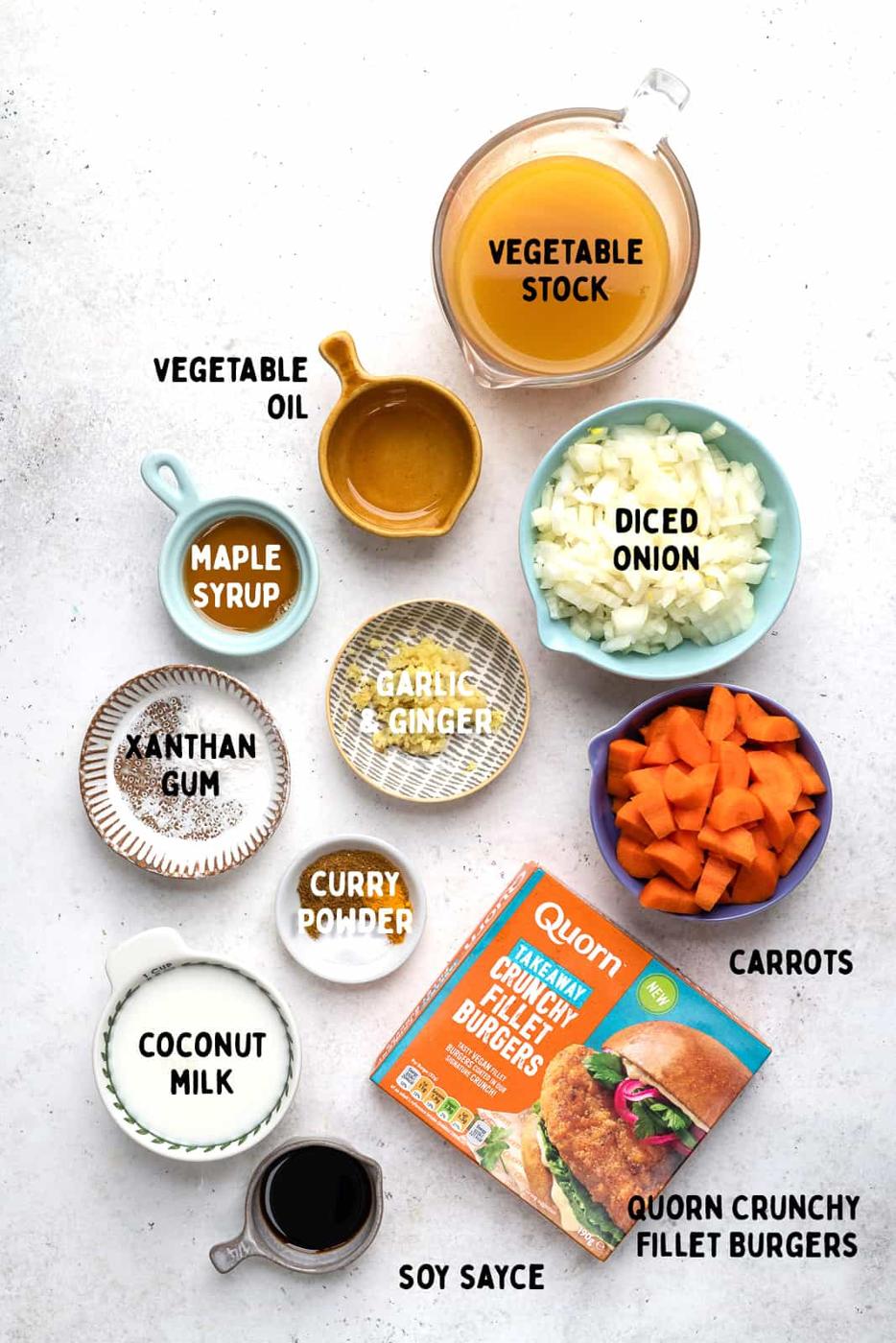 Ingredients for vegan Katsu curry with captions