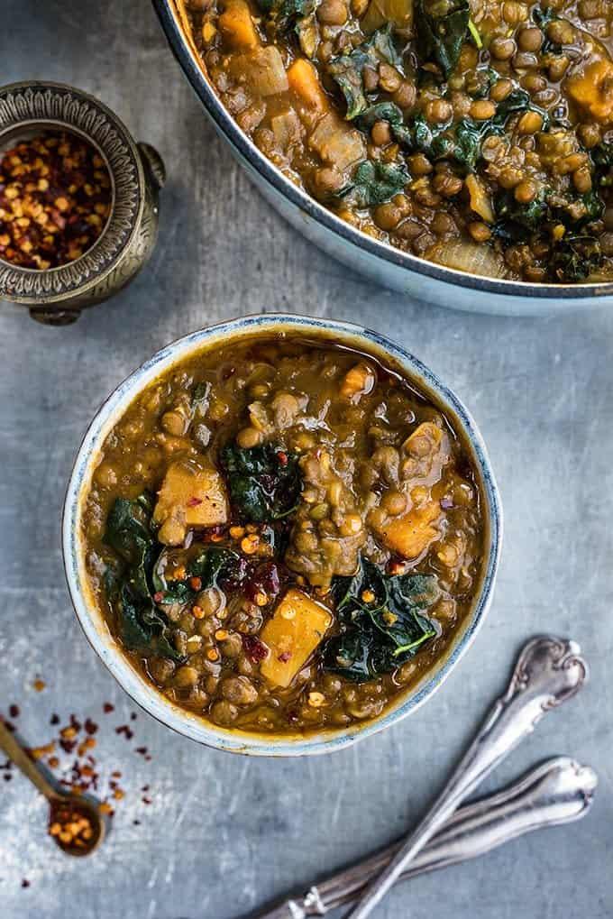 vegan lentil, sweet potato and kale soup