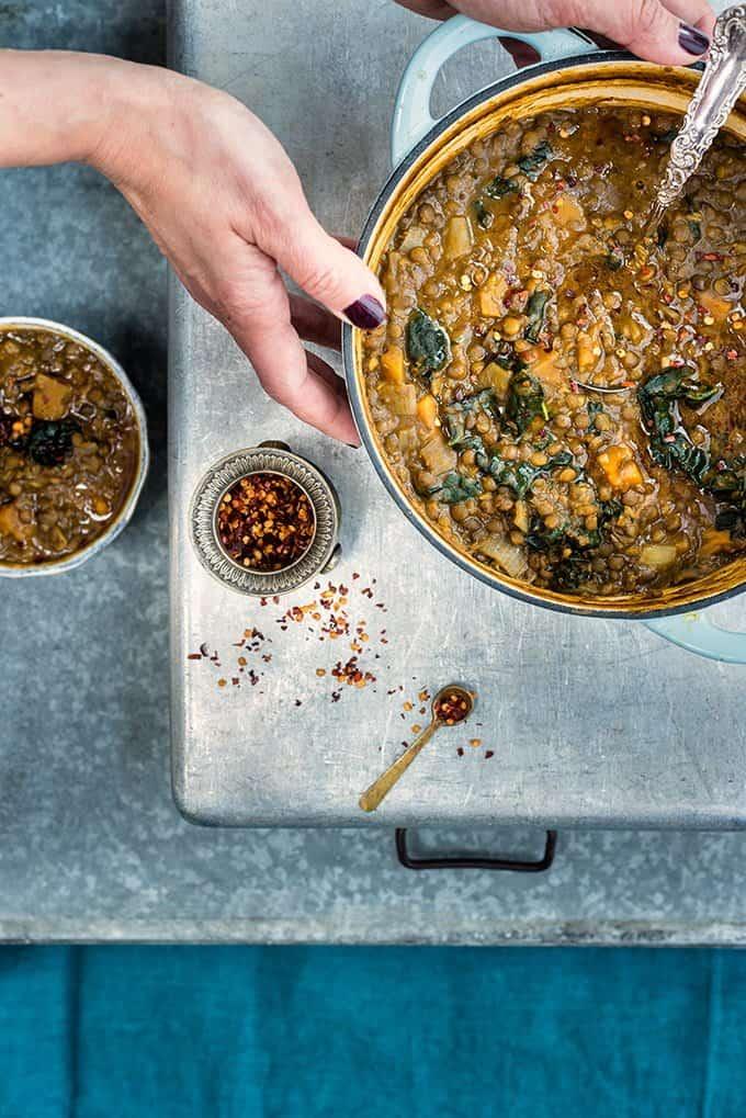 Hearty Vegan Soup with Lentils, Sweet Potatoes and Kale