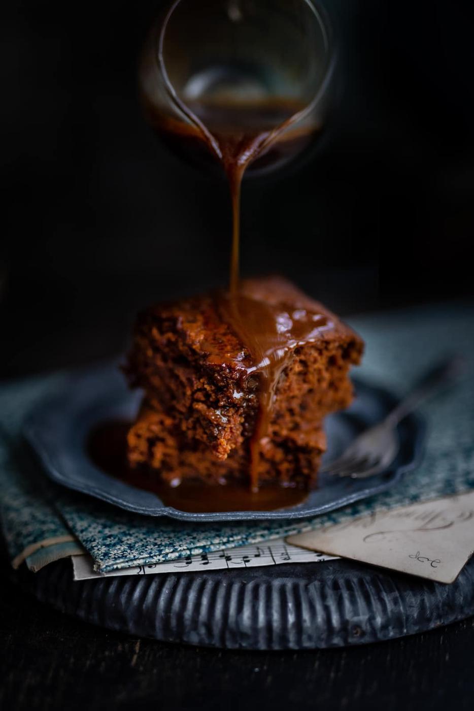 moody shot of Vegan sticky toffee cake