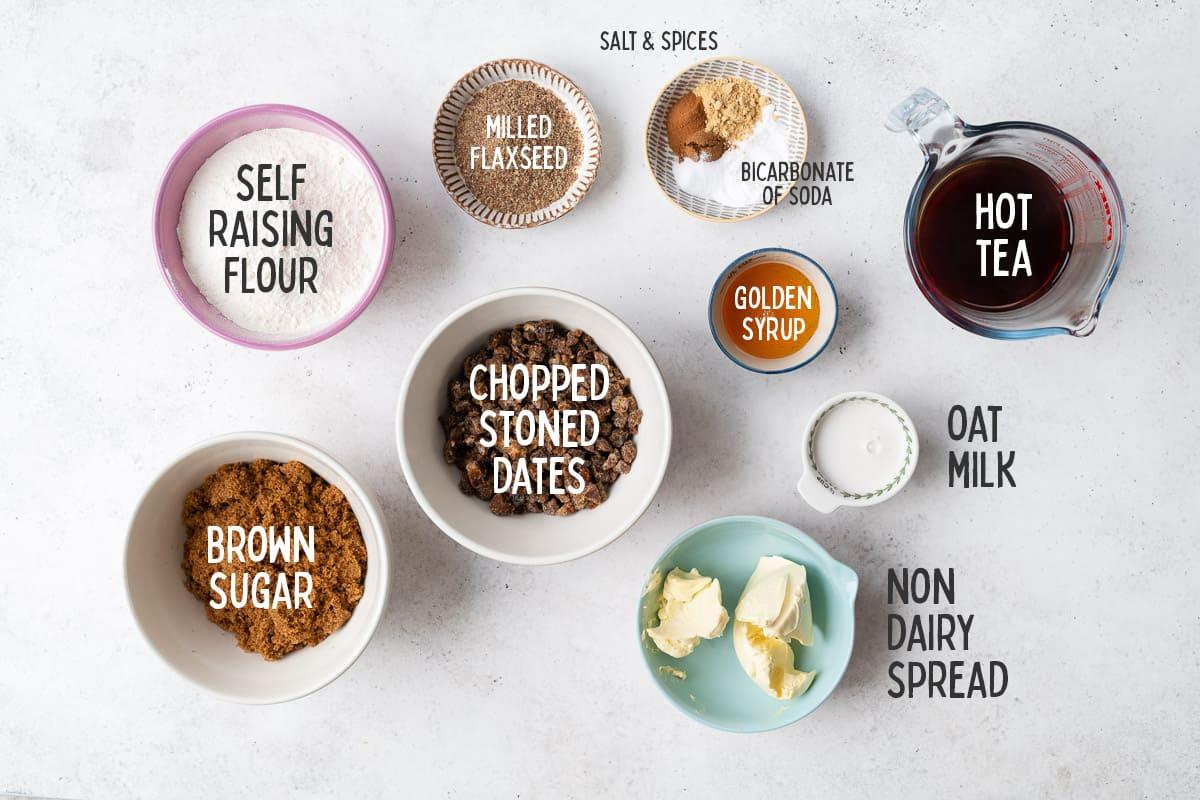 ingredients for vegan sticky toffee pudding collage