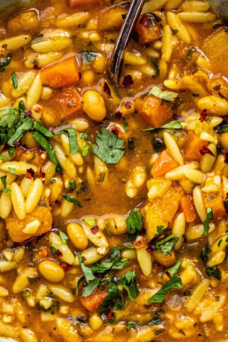 close up on vegetable soup with orzo