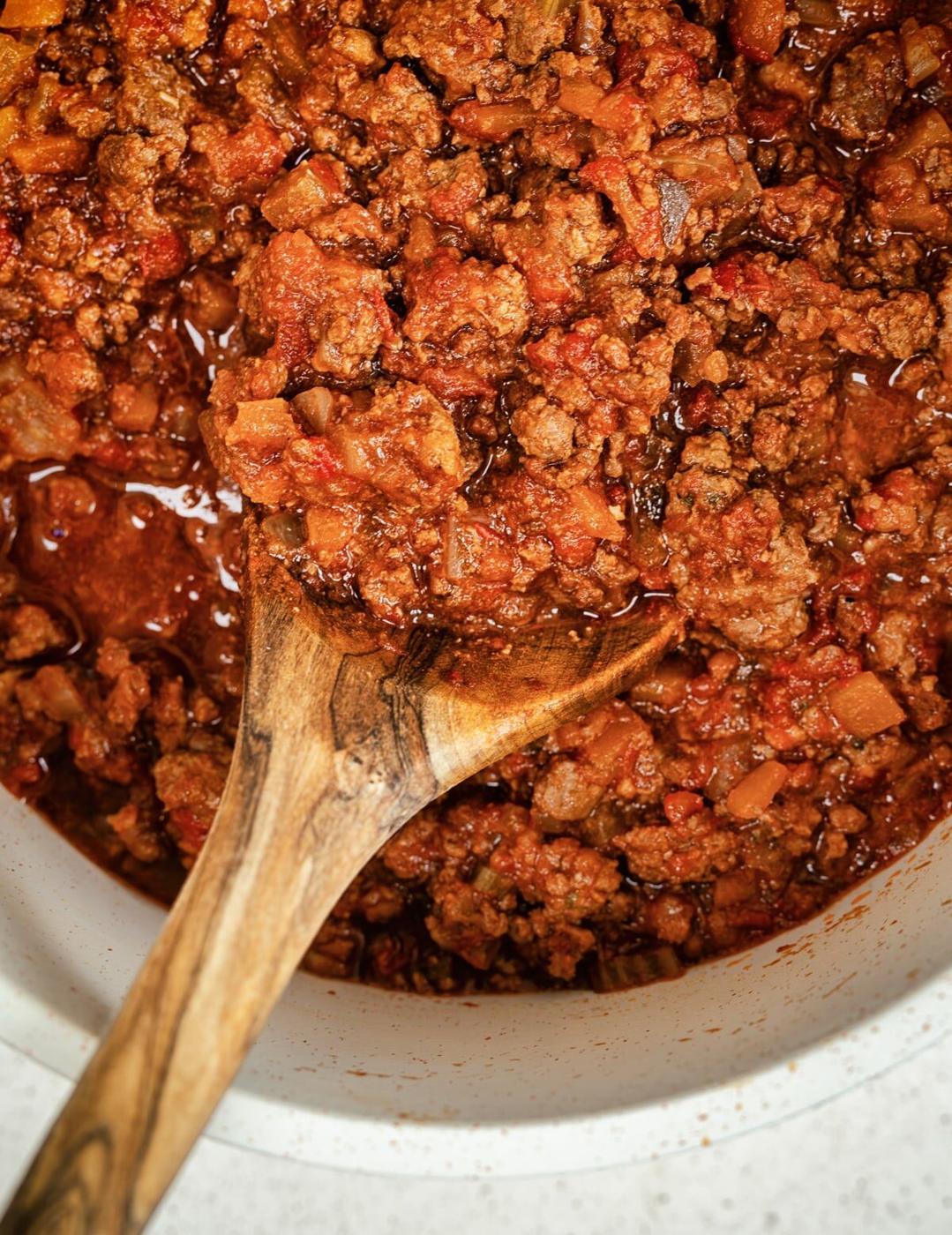 Close up on a saucepan of venison ragu