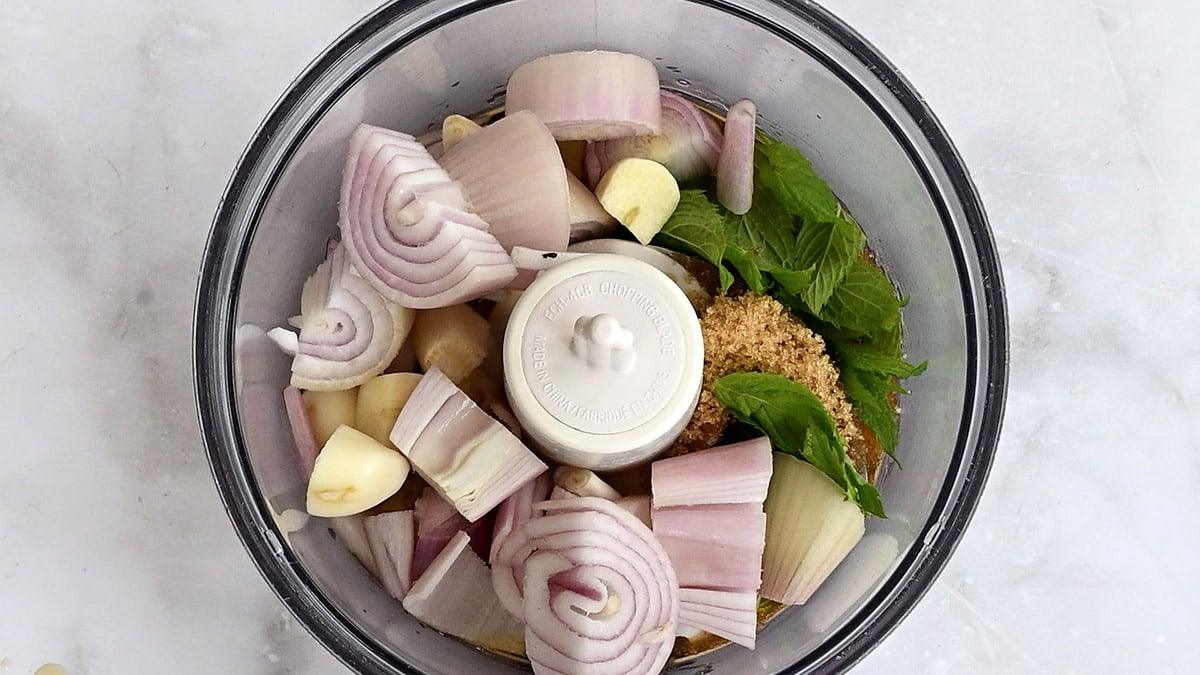 mini food processor with shallots, garlic, mint