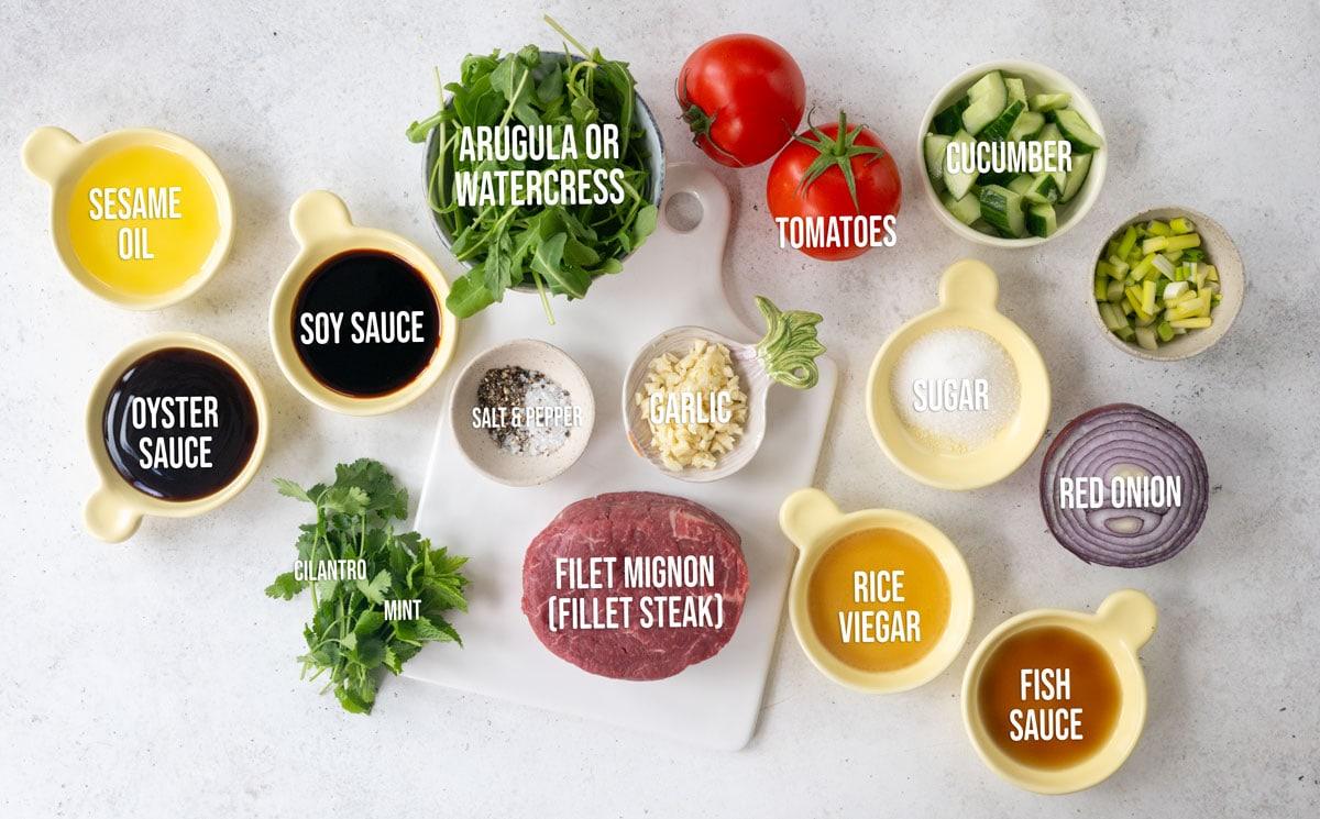 Top-down view of labeled ingredients for a dish, including filet mignon, arugula, tomatoes, cucumber, red onion, garlic, cilantro, mint, soy sauce, oyster sauce, sesame oil, salt, pepper, sugar, rice vinegar, and fish sauce.