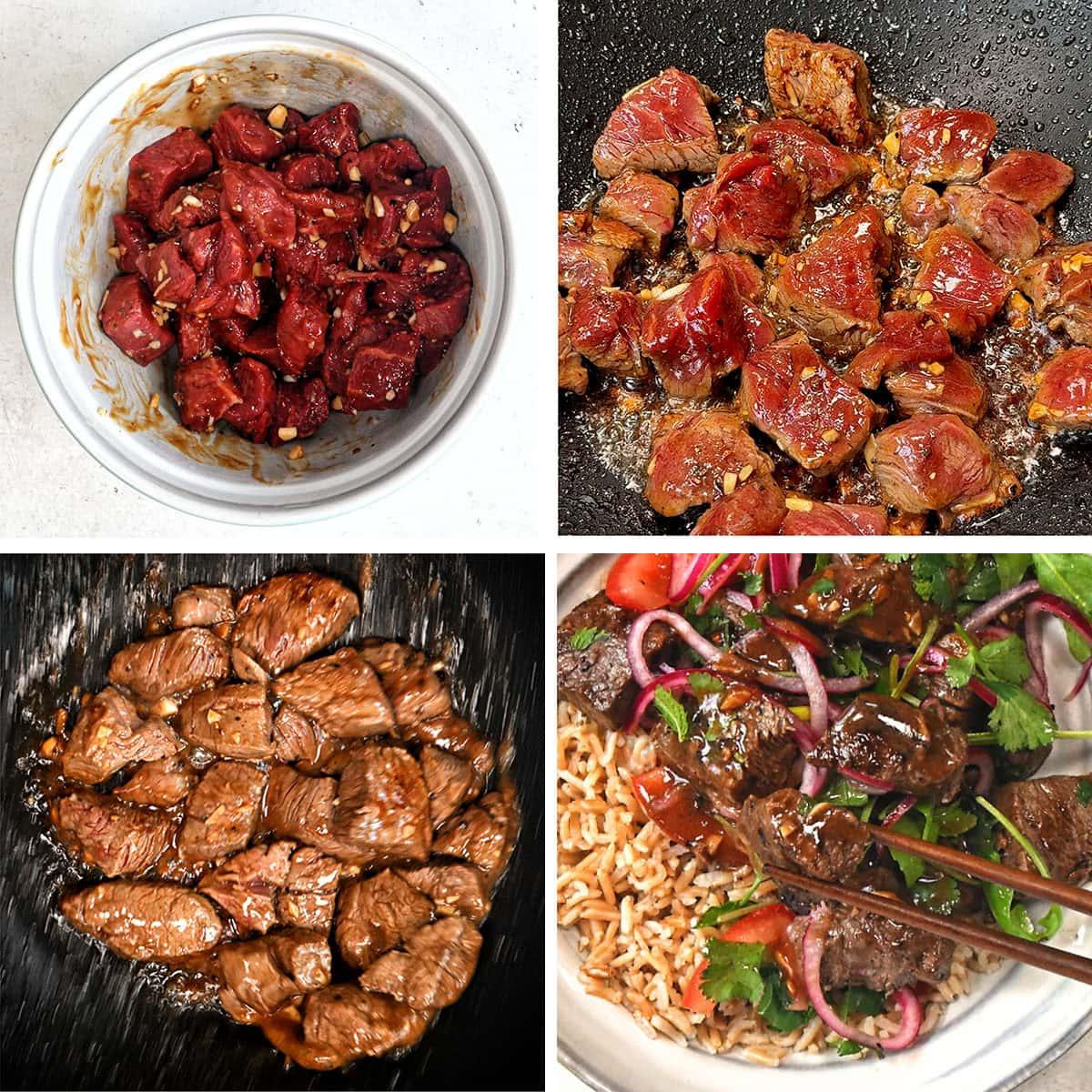 Four images showing the process of making Vietnamese shaking beef: raw beef in marinade, beef cooking in a pan, seared beef pieces, and cooked beef served over rice with vegetables and herbs.