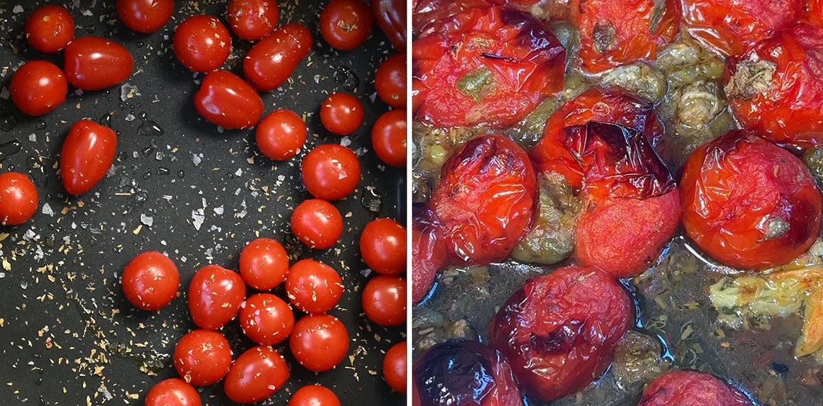 Split image showing tomatoes on the left, fresh and whole on a baking sheet with herbs and seasoning, and on the right, roasted tomatoes, charred and cooked with chopped capers