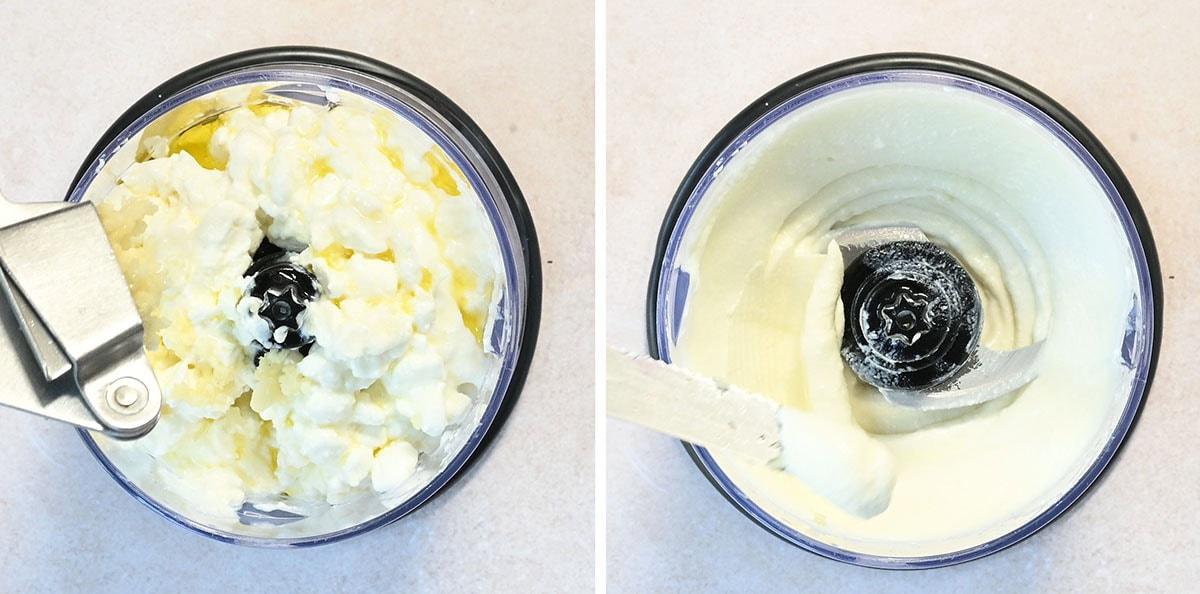 Side-by-side images show a food processor: the left with cottage cheese, Greek yogurt, lemon juice, garlic. Right image shows the whipped cottage cheese dip