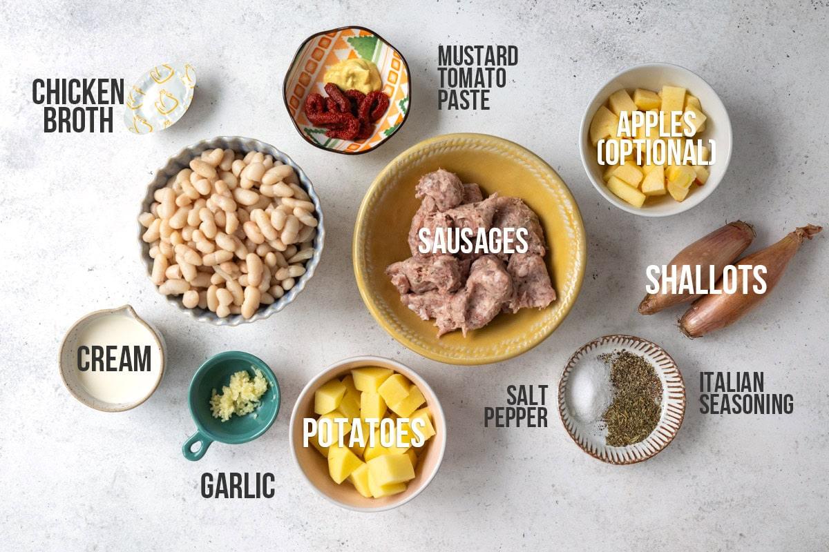 sausage and bean soup ingredients, labelled