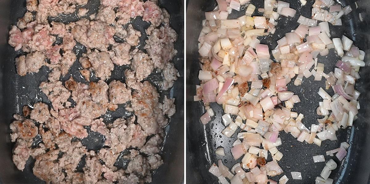 Pan frying sausage meat (left) and sweating shallots and garlic (right)