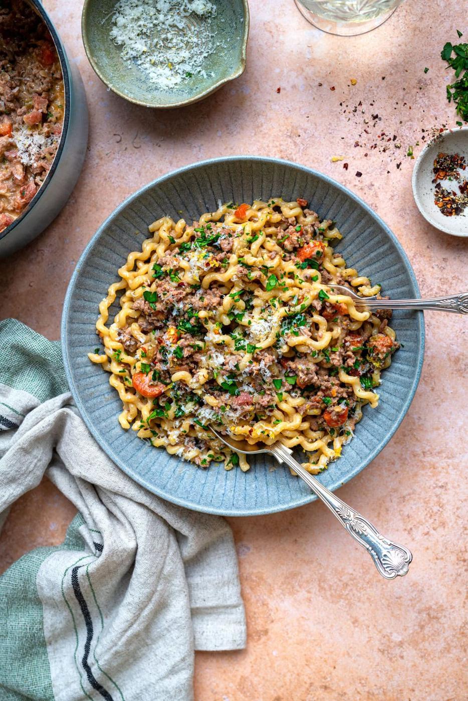 Ragu Bianco served over spiral buccatini in a bowl