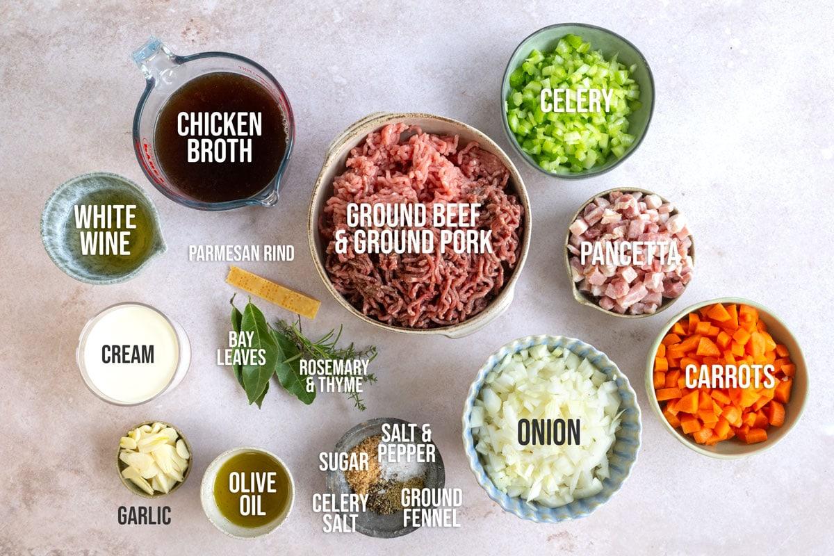 ingredients for white bolognese, labelled