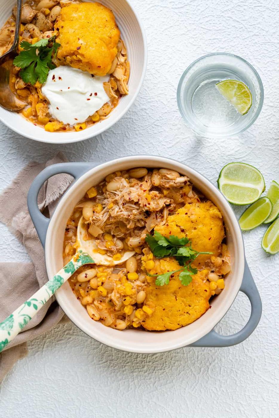 Slow Cooker White Chicken Chili with Cornbread Dumplings