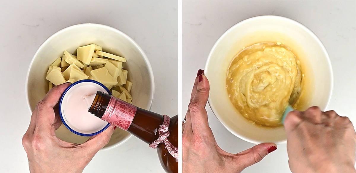 Mixing white chocolate with Amarula liqueur collage