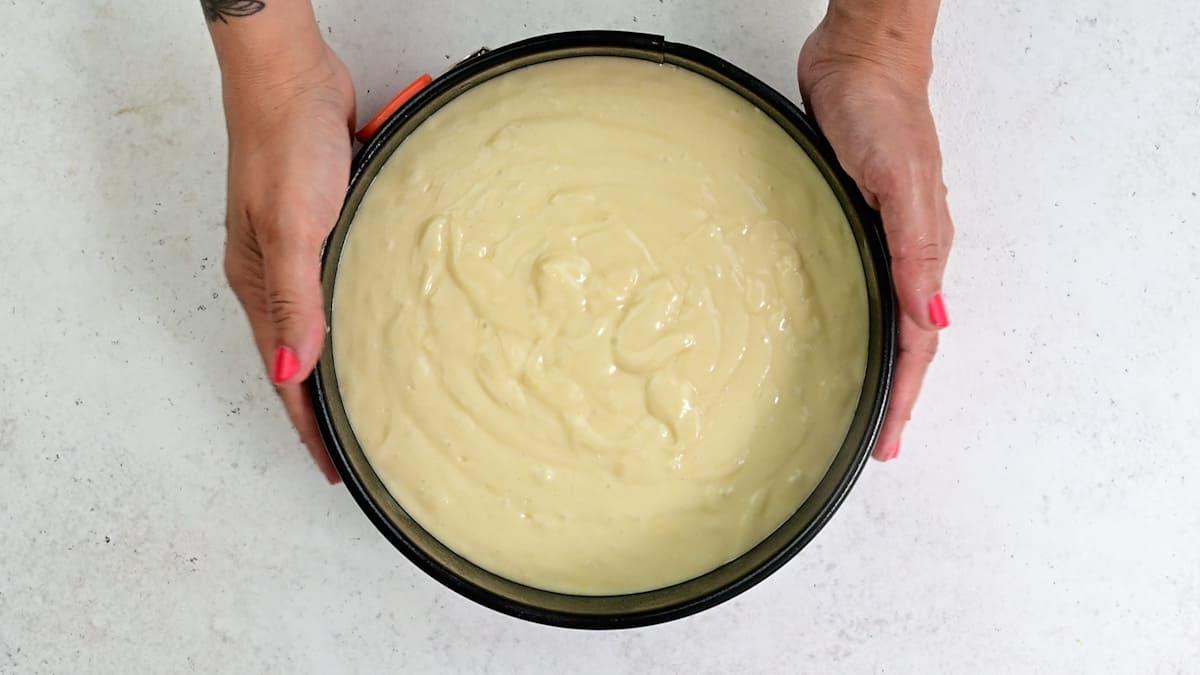 Yogurt cake batter in springform cake pan