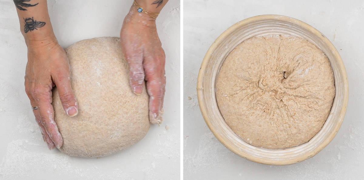 preparing no knead whole wheat bread for second rise in a basket