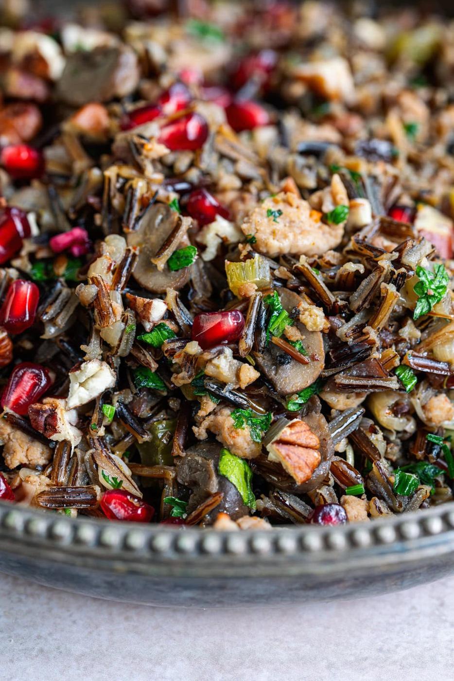 close up on a bowl of wild rice stuffing