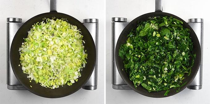 Two side-by-side pans: the left holds chopped raw leeks, while the right shows wilted greens—likely spinach and herbs—after sautéing, perfect for layering into a flavorful salmon lasagna.