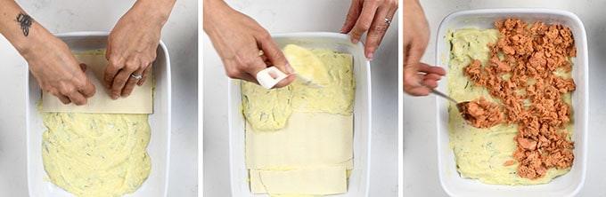 Three panels show hands assembling salmon lasagna: spreading a creamy mixture in a baking dish, layering pasta sheets on top, and adding flaked salmon over the pasta.