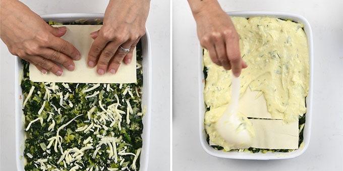 Two images side by side: On the left, hands layer pasta sheets over a spinach, cheese, and salmon lasagna mixture in a white baking dish. On the right, a spoon spreads creamy sauce over the pasta sheets in the same dish.